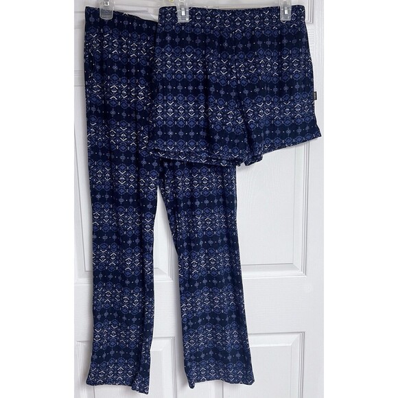 Eddie Bauer Ladies 2 Piece Pajama Bottom Set Pant and Shorts Medium Blue White - Picture 1 of 8
